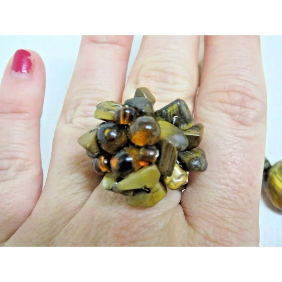 Tiger's Eye Necklace & Ring Set Striped Stone Beaded  Adjustable Ribbon - Picture 6 of 10